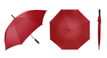 Blank red umbrella with handle for mock up. Clear parasol for template Isolated on white background. Empty long straight umbrella for branding. Studio Photography shoot. Open, side & close view.