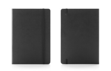 Black colour leather fabric hardcover notebook with elastic band. Front & back view with notebook closed. Isolated on white background. For mockup, branding & advertising.