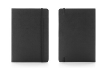 Black colour leather fabric hardcover notebook with elastic band. Front & back view with notebook...