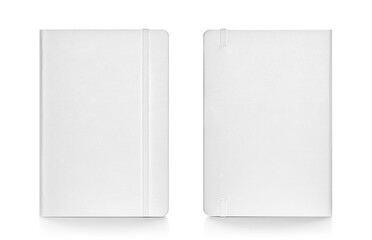 White colour leather fabric hardcover notebook with elastic band. Front & back view with notebook...