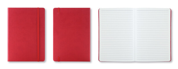 Red colour leather fabric hardcover notebook with elastic band. Top view with notebook closed &...
