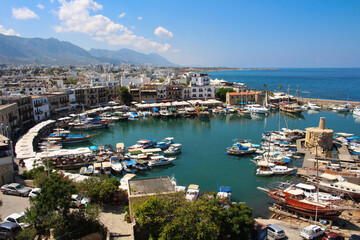 Fototapeta na wymiar Panorama of the city of Kyrenia, view of The kyrenian Harbor..