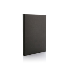 Blank Black Paper Box Packaging In Matt Surface for Notebook Isolated on White Background. Design Template for Mock-up, Branding, Advertise etc. Front view and Side view