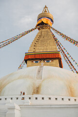 bodnath stupa in kathmandu. capital of Nepal. eyes with a flags. High quality photo famous Buddhist temple