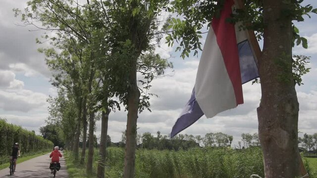Slow motion of an dutch flag tied to a tree at the country side on a nice summer day