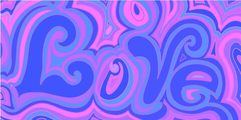 LOVE script lettering word in hippie, retro 70's 80's style of lines, scroll, swirls outline hand drawn art multicolor rainbow red, blue yellow, pink ,green