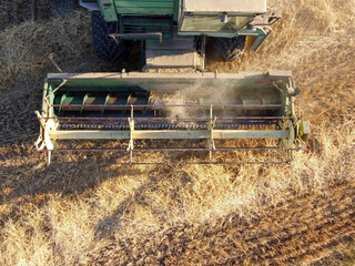 Combine harvester working, harvesting grain in the field, agricultural machinery at work.