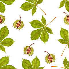 Watercolor illustration of autumn seamless pattern Horse chestnut leaves and nuts. Beautiful green plant background.