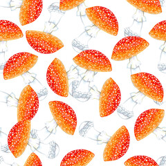 Seamless agaric mushrooms hand drawn watercolor pattern