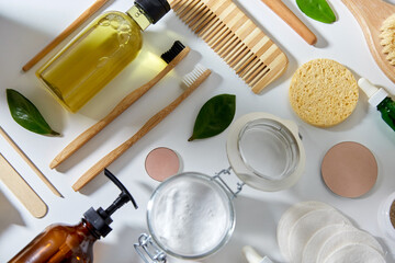 beauty, sustainability and eco living concept - natural cosmetics and bodycare eco products on white background