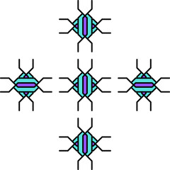 Variants of a braided pigtail pattern made on grid cells on a white background. The pattern resembles the shape of a knitted pigtail, and makes up squares, circles, and other geometric shapes