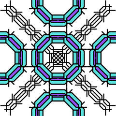 Variants of a braided pigtail pattern made on grid cells on a white background. The pattern resembles the shape of a knitted pigtail, and makes up squares, circles, and other geometric shapes