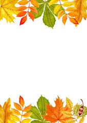 Watercolor autumn beautiful frame of yellow and red leaves. 