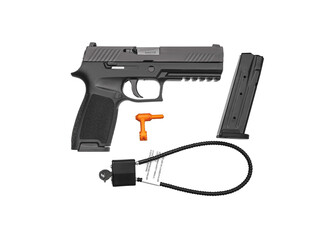 Modern semi-automatic pistol isolate on a white background. Armament for the army and police. Short-barreled weapon