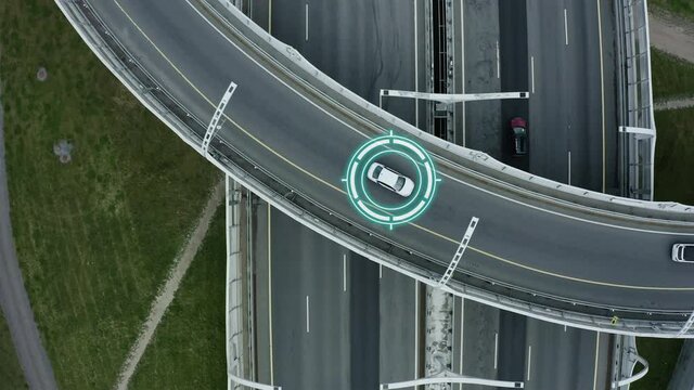 aerial shot of autonomous autopilot cars driving on junction driveway. Spbd artificial intelligence scans detect vehicles. avoids traffic jams. self driving. concept safety, control