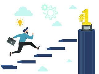 Business people concepts for success. Businessman speed up running up the Stairs to the gold trophy NUMBER ONE icon. vector illustration.