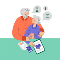 The family buys a house with a mortgage. An elderly couple chooses a house.House Loan, Rent and Mortgage Concept. Flat Vector Illustration.