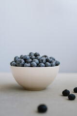 Fresh ripe blueberry in ivory bowl on blue background
