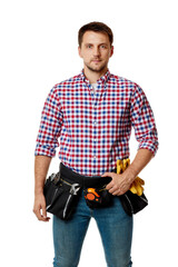 caucasian handyman worker wearing tool belt isolated on white studio background