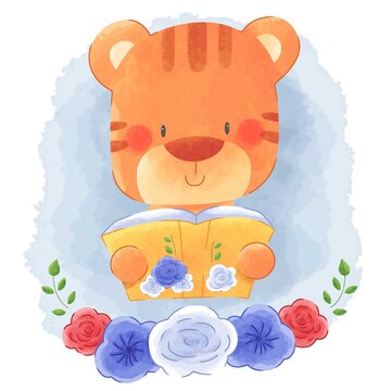 Cute Animal Tiger Reading Book With Flower Frame Watercolor Background. Suitable For Nursery Art, Baby Shower, Wall Decor, Prints, Wallpaper, Children Kids Book, Invitation, Greeting Cards, Sticker.