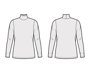 Turtleneck jersey sweater technical fashion illustration with long sleeves, oversized body, tunic length. Flat outwear apparel template front back grey color. Women men unisex shirt top CAD mockup