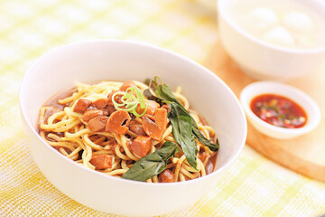 Bowl of Water Spinach Noodle with Mushroom