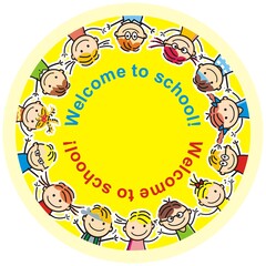 Welcome to school! Happy kids, banner, circle yellow frame, vector