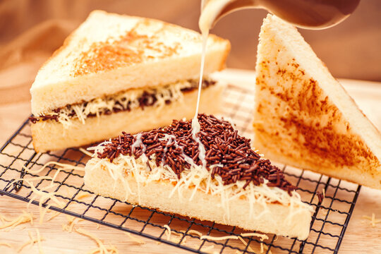 Toast with Chocolate Sprinkles Condensed Milk and Cheese