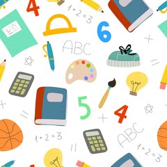 Seamless pattern with school elements. Colorful vector flat style. hand drawing. design for fabric, print, wrapper, textile