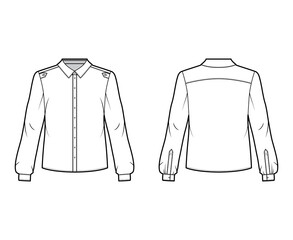 Classic military style shirt technical fashion illustration with buttoned placket, shoulder epaulettes, long sleeves. Flat blouse apparel template front back white color. Women, men unisex top mockup
