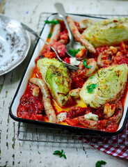 baked sausage with cabbage traybake.style rustic
