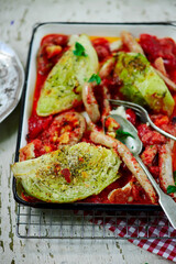 baked sausage with cabbage traybake.style rustic