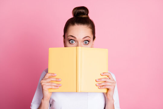 Photo of astonished girl read novel book impressed close cover lips face wear good look clothes isolated over pink color background