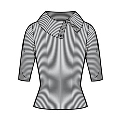 Wide button-up turtleneck ribbed-knit sweater technical fashion illustration with elbow sleeves, close-fitting shape. Flat sweater apparel template front, grey color. Women, men unisex shirt top CAD