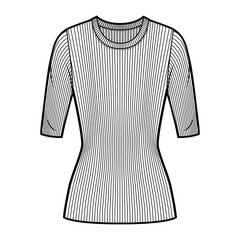 Ribbed crew neck knit sweater technical fashion illustration with elbow sleeves, close-fitting shape, tunic length. Flat outwear apparel template front white color. Women men unisex top CAD mockup