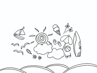 여름휴가,태양,파라솔,서핑보드, 일러스트레이션 
