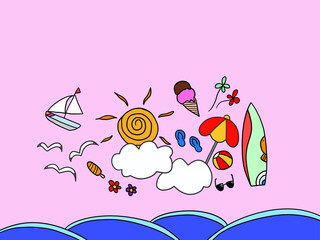 여름휴가,태양,파라솔,서핑보드, 일러스트레이션 
