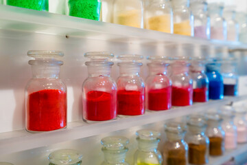 Close up background of colorful colored powder in store