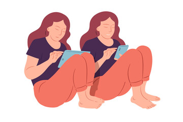 Twin sister. The girl is holding a smartphone and tablet. Vector illustration in cartoon style.