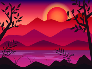 Vector illustration of a mountain landscape at sunset, near the lake with trees. For printing on covers, clothes, wallpaper, posters, website design. Illustration in flat style, eps 10