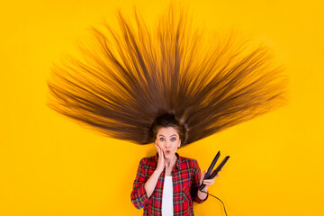 Top view above high angle flat lay flatlay lie concept of her she nice amazed long-haired girl straightening ironing silky hairdo isolated on bright vivid shine vibrant yellow color background