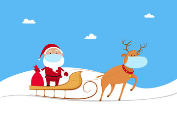 Santa Claus in medical mask riding on reindeer sled. New Year 2021. Vector illustration.