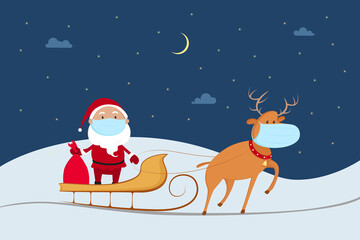Santa Claus in medical mask riding on reindeer sled. Pandemic 2020 Christmas. Vector illustration.