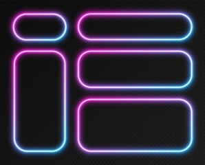 Neon gradient frames set, collection of pink-blue glowing rounded rectangle borders isolated on a dark background. Colorful night banners, bright illuminated shapes, vector light effect.