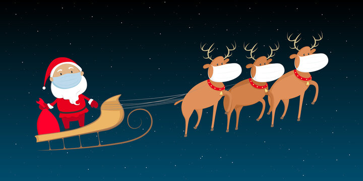 Santa Claus in medical mask flying on reindeer sled. Christmas 2020. Vector illustration.