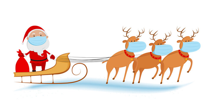 Santa Claus in medical mask riding on reindeer sled. Christmas 2020. Vector illustration.