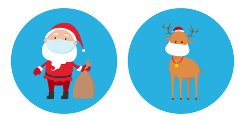 Santa Claus and deer in medical masks. Vector icons.