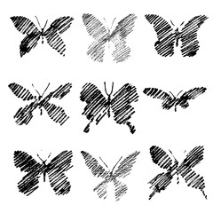 Set of  hand drawn butterflies, grunge elements