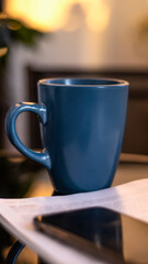 Evening coffee. Blue cup with coffee, open book and mobile phone, evening light, sunset, dusk. Atmospheric, cozy evening in the garden, green leaves, conversation. Warm light, blur bokeh.