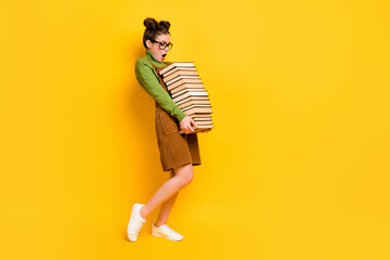 Full length body size profile side view of her she attractive overwhelmed intellectual girl...